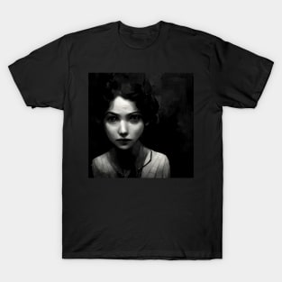 Young female standing in the dark with no emotions T-Shirt